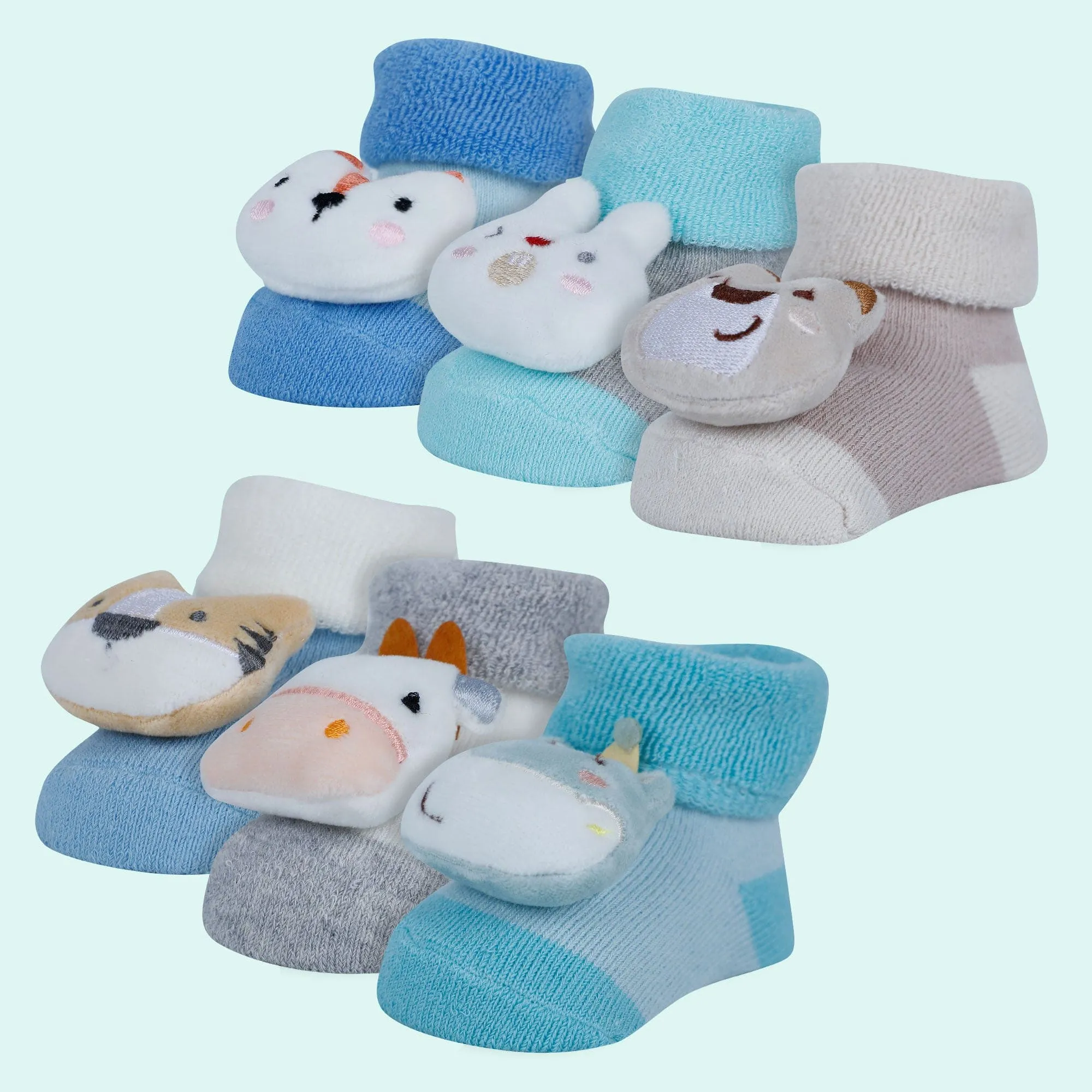 Baby Moo Cow 3D Rattle Anti-Skid Socks Booties Pack of 6 - Grey