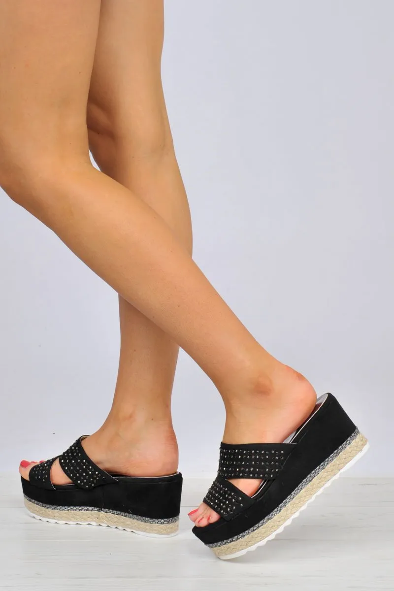 Black Diamante Double Strap Flatform Sandals - Thang