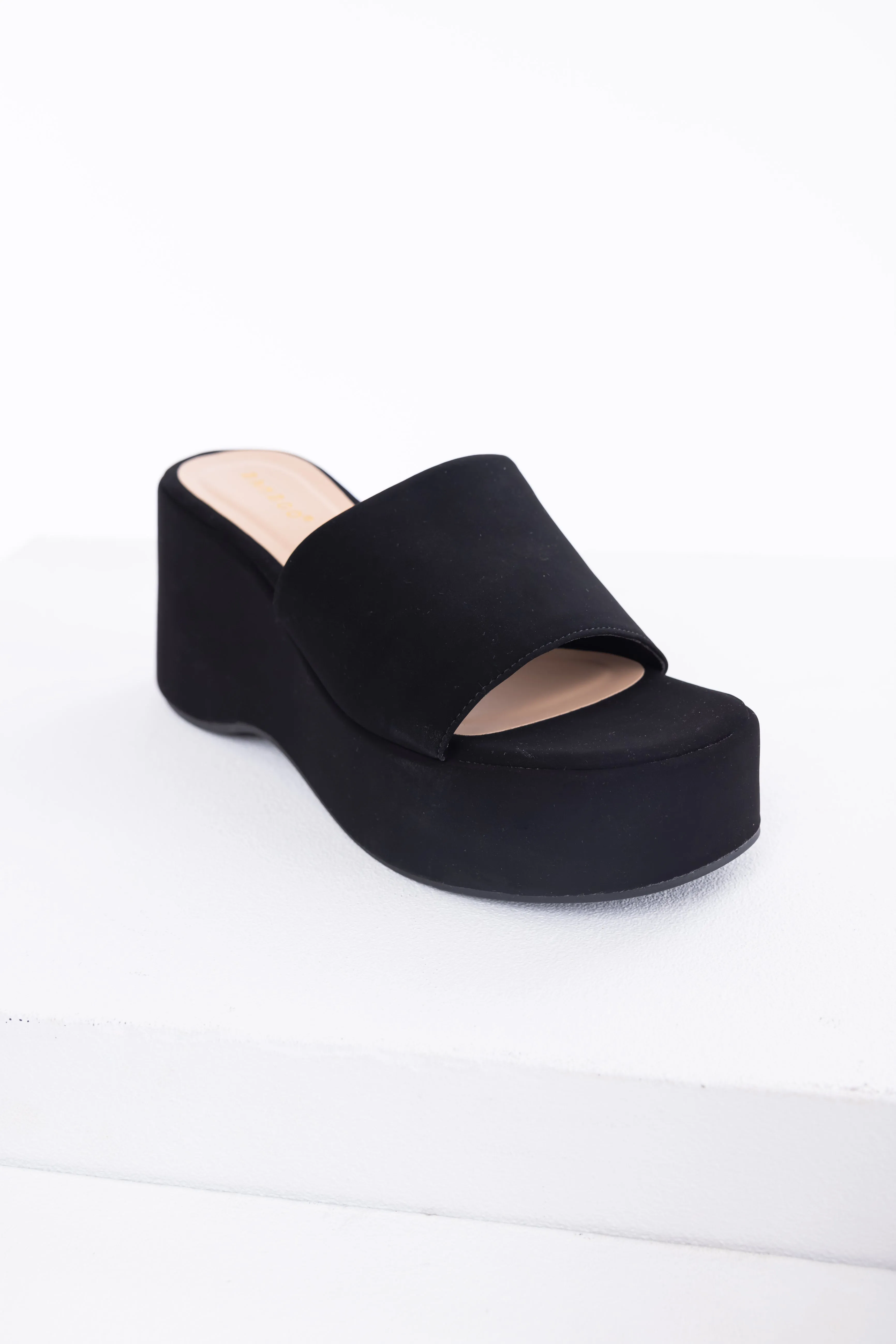 Black Soft Suede Platform Wedge Sandals