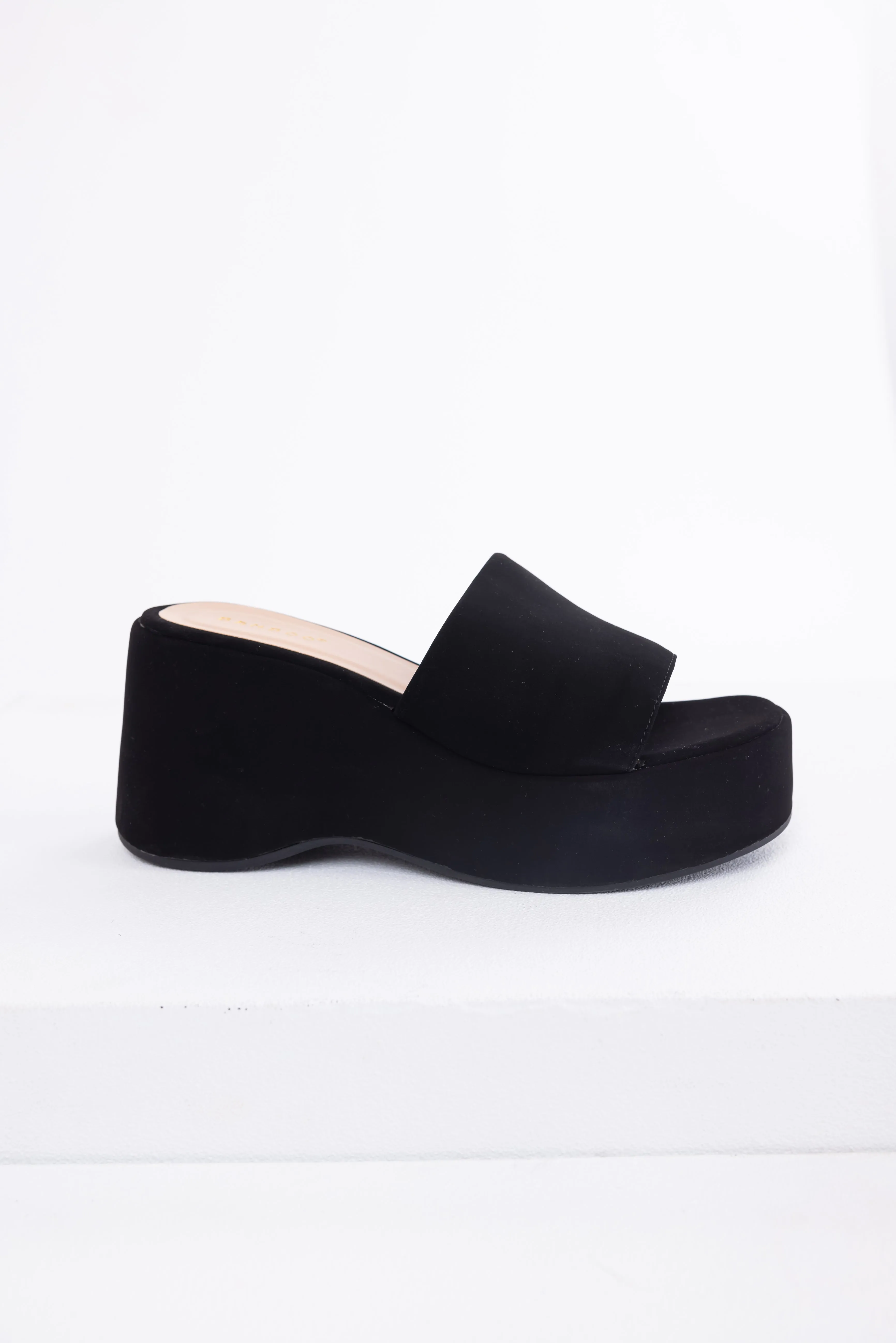 Black Soft Suede Platform Wedge Sandals