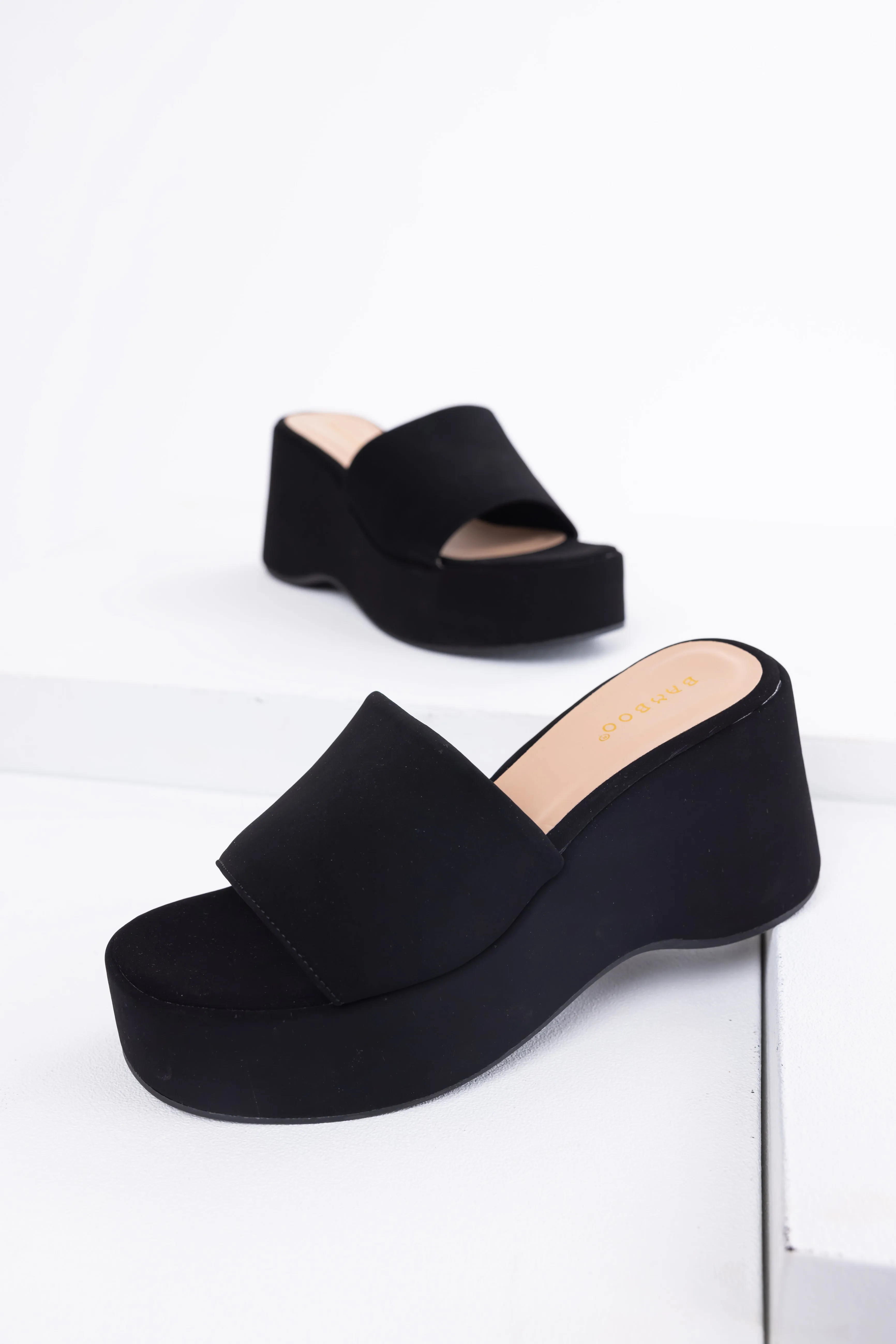 Black Soft Suede Platform Wedge Sandals