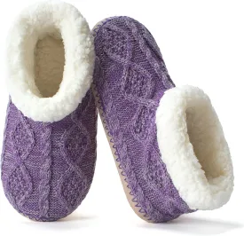 Cable Knit House Slippers for Women Indoor, Sherpa Fleece Lined Soft Loafer Shoes, Winter Warm Fluffy Bedroom Fuzzy Socks Non-slip Grippers, Cozy Gifts Unique