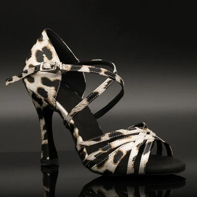 DS Women's Silk Satin Customized Heel Leopard Latin Dance Shoes Ballroom Dance Shoes