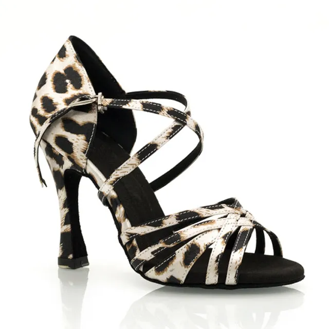 DS Women's Silk Satin Customized Heel Leopard Latin Dance Shoes Ballroom Dance Shoes