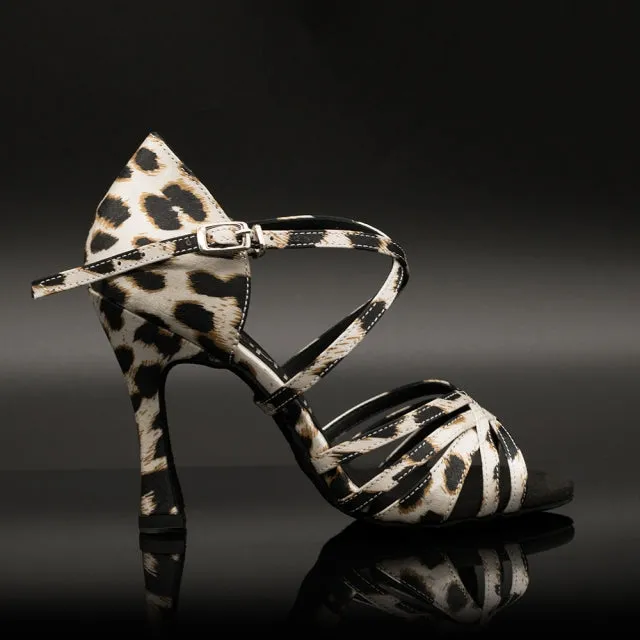 DS Women's Silk Satin Customized Heel Leopard Latin Dance Shoes Ballroom Dance Shoes