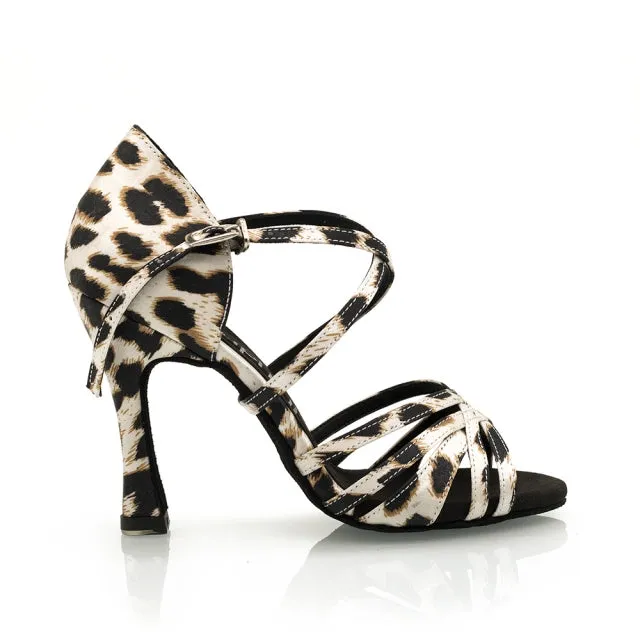 DS Women's Silk Satin Customized Heel Leopard Latin Dance Shoes Ballroom Dance Shoes
