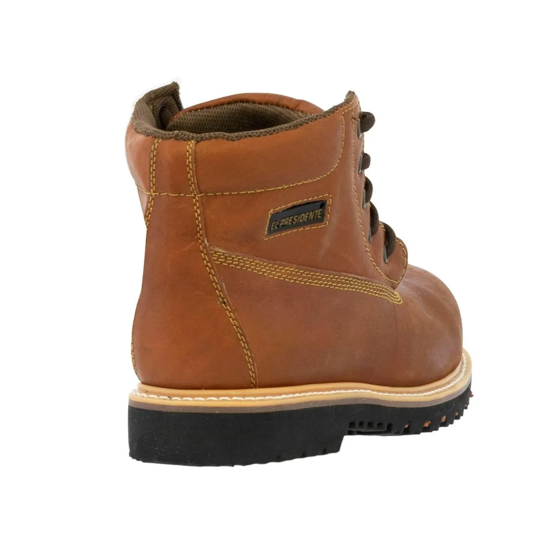 Mens Light Brown Work Boots Leather Slip Resistant Lace Up Steel Toe - #S600TR