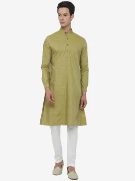 Moss Green Self Textured Regular Fit Modi Kurta | JadeBlue