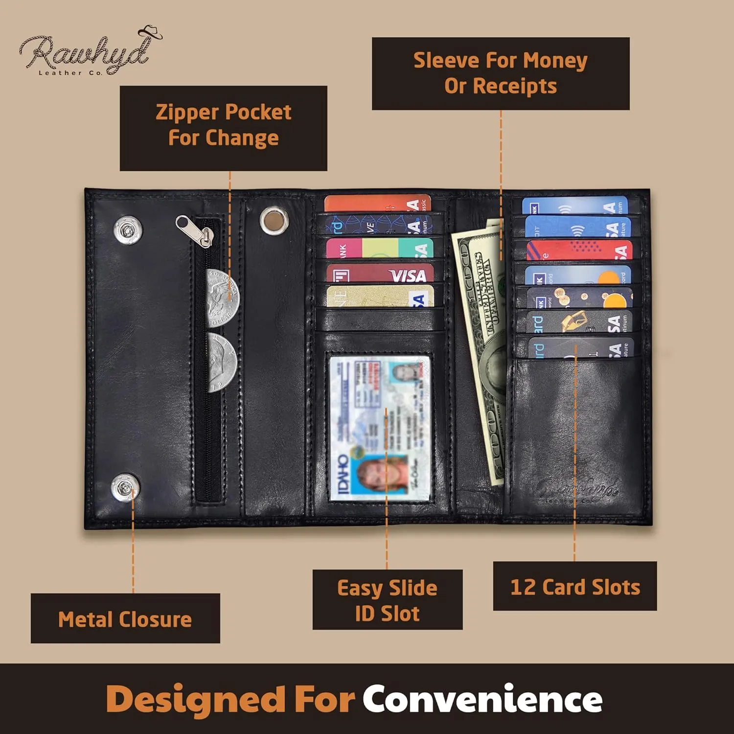 RAW HYD Full-Grain Leather Long Wallet for Men - Classic Bifold Western Wallet for Men - Minimalist Cowboy Wallets for Men - Rodeo wallets for men - Checkbook Cover & Gift for Him