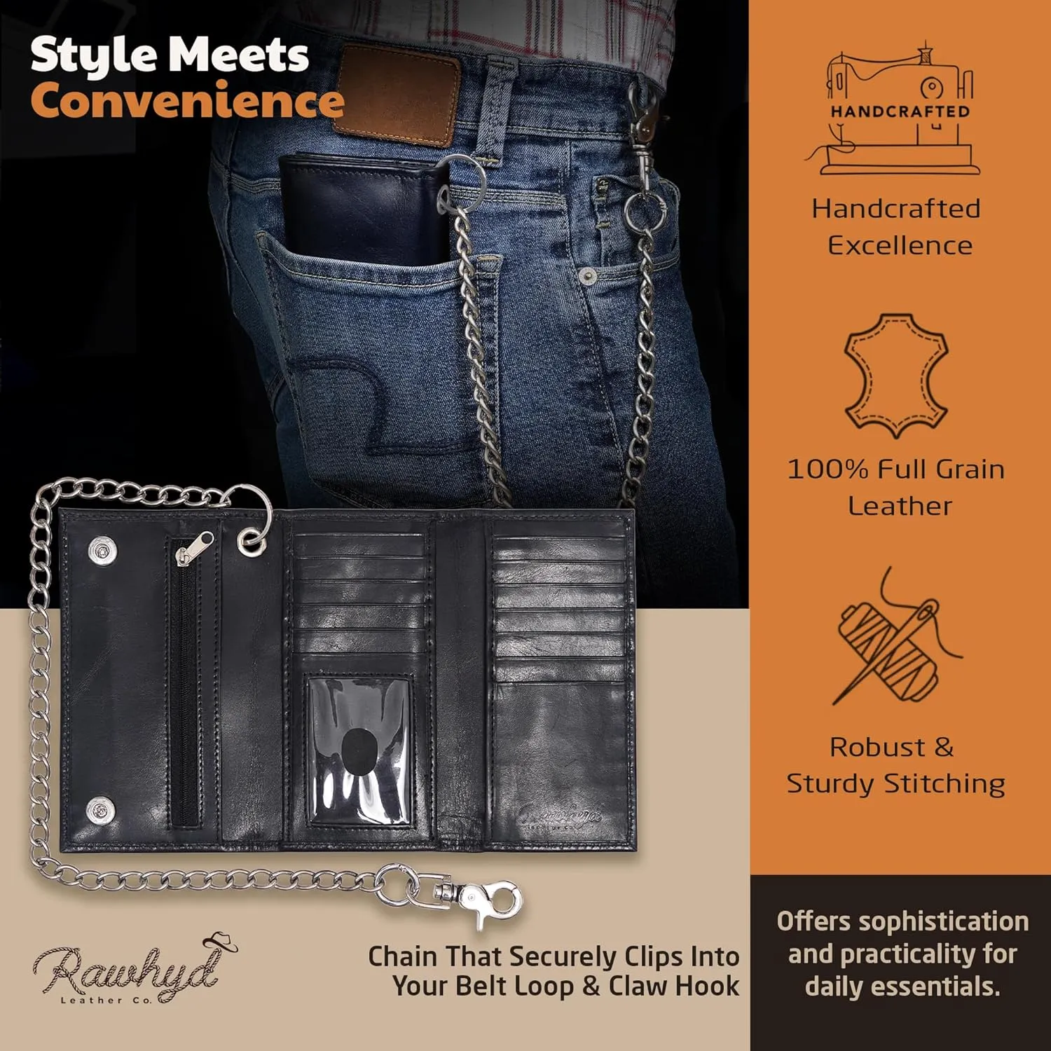 RAW HYD Full-Grain Leather Long Wallet for Men - Classic Bifold Western Wallet for Men - Minimalist Cowboy Wallets for Men - Rodeo wallets for men - Checkbook Cover & Gift for Him