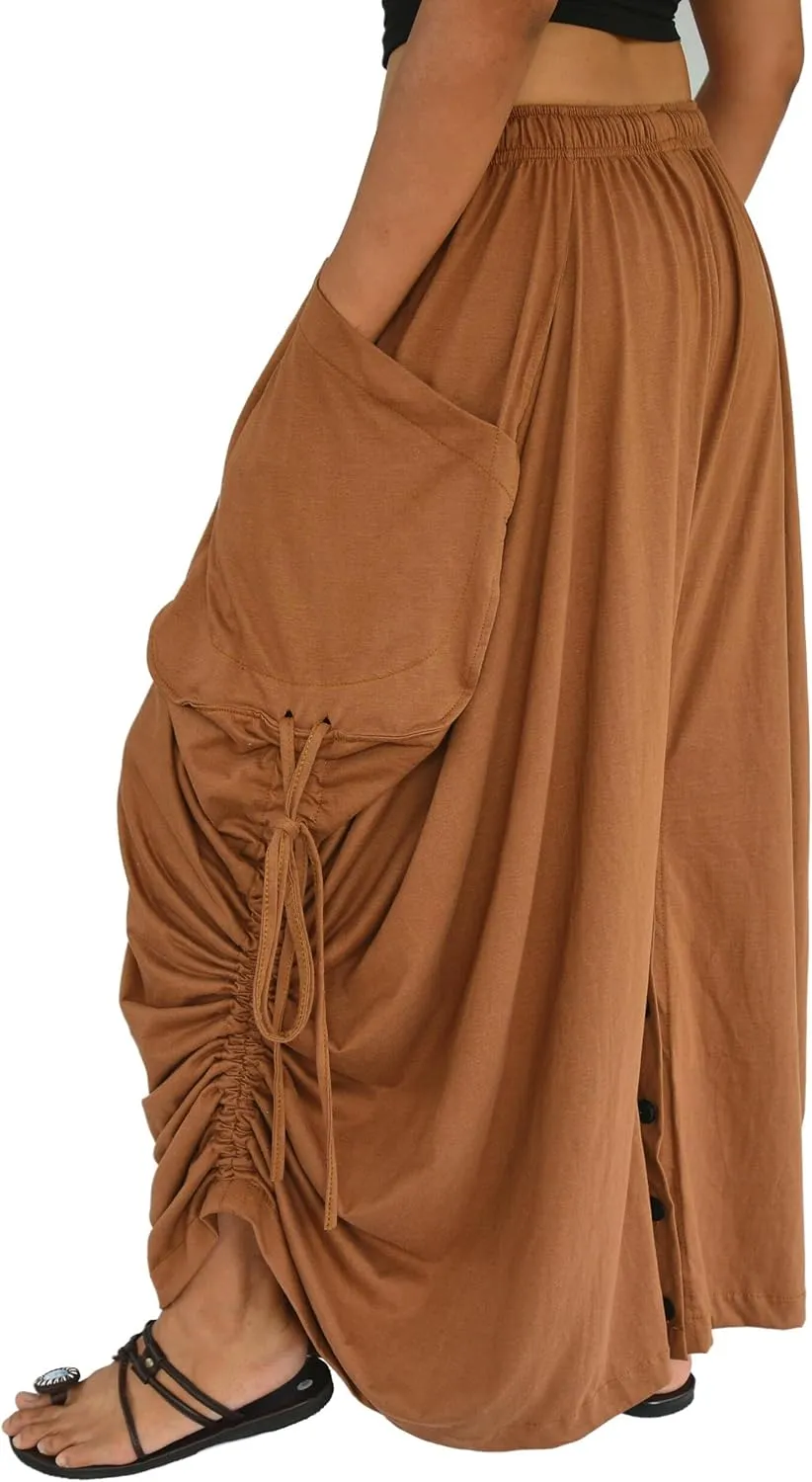 Sakoonee Women's Harem Pants Palazzo Dhoti Lounge Trousers, Convertible to a Skirt 2 Pockets Cotton, One Size, Elastic Waist