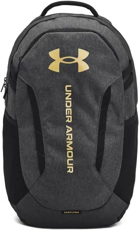 Under Armour Unisex-Adult Hustle 6.0 Backpack, (005) Black Full Heather/Black/Metallic Gold, One Size Fits Most