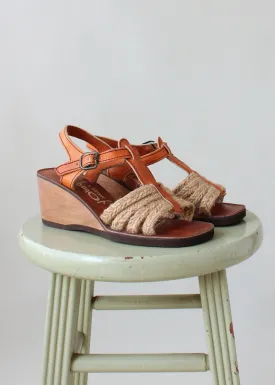 Vintage 1970s Jute and Leather Wedge Sandals
