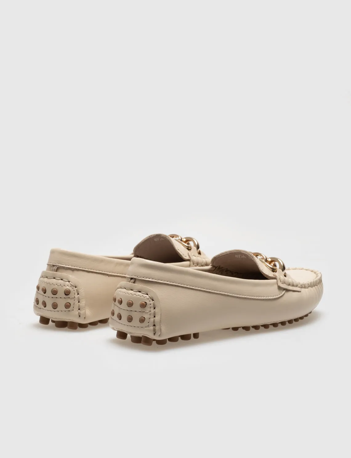 Women Beige Genuine Leather Gold Metal Decor Loafers