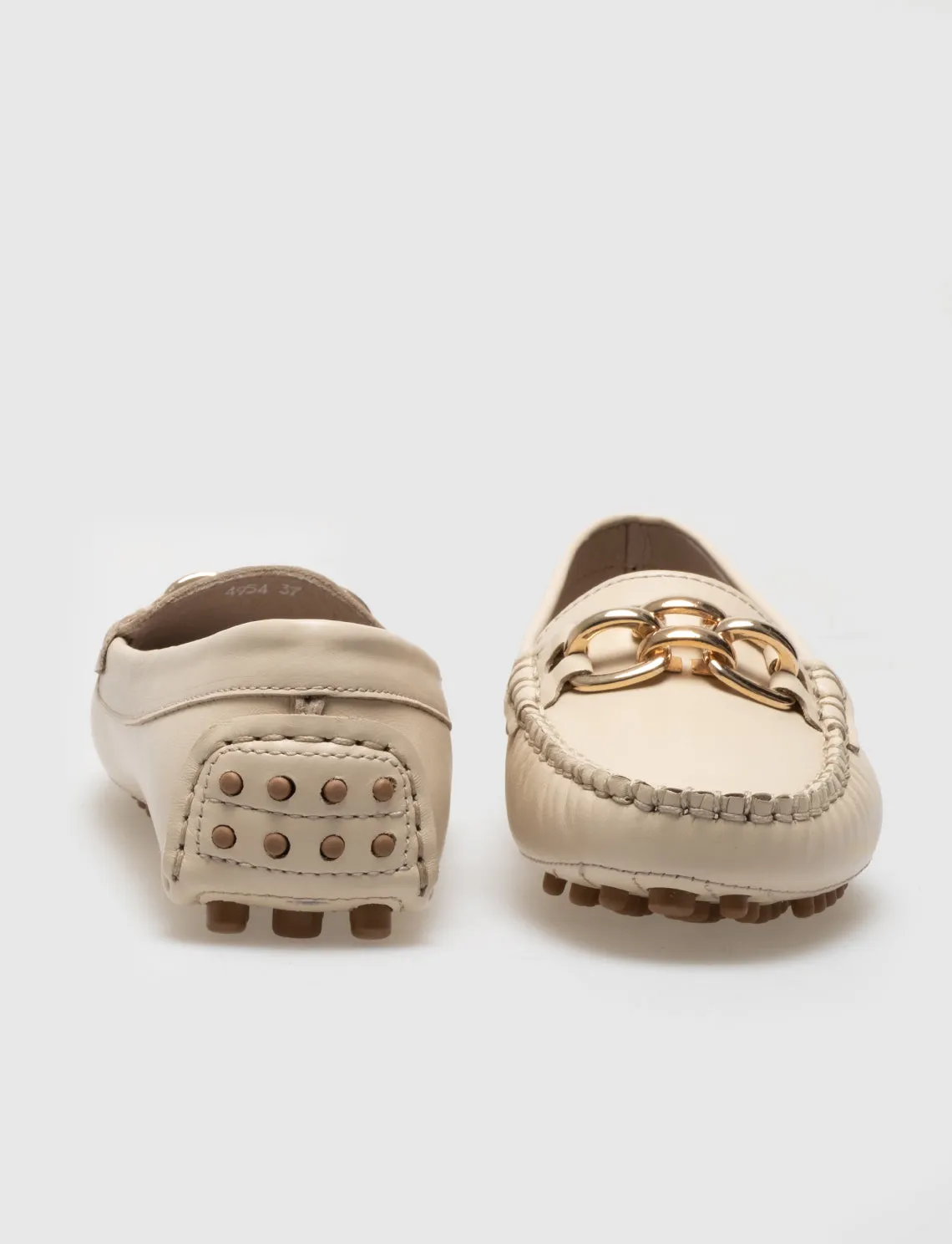 Women Beige Genuine Leather Gold Metal Decor Loafers