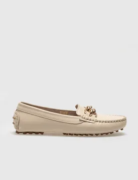 Women Beige Genuine Leather Gold Metal Decor Loafers